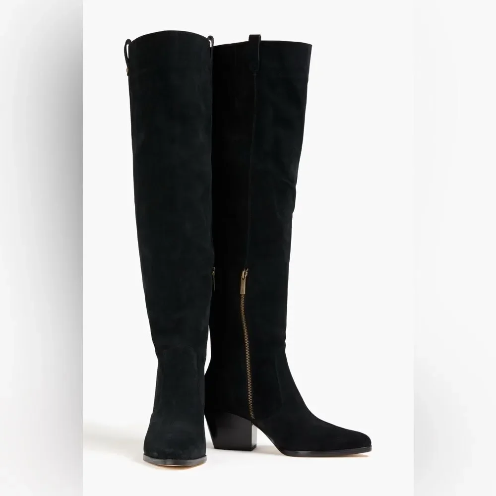 NWOB Michael Kors Harlow Black Suede Cuban Heel Over The Knee Boots size 6